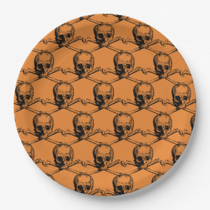 Orange Black Cool Pattern Skull Halloween party Paper Plate