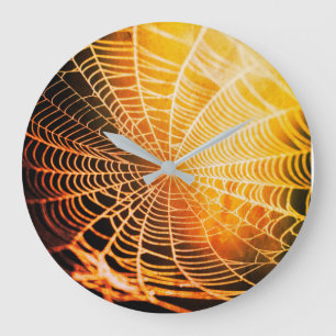 Orange Black Creepy Spooky Spider Web Large Clock