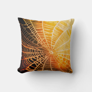 Orange Black Creepy Spooky Spider Web Throw Pillow