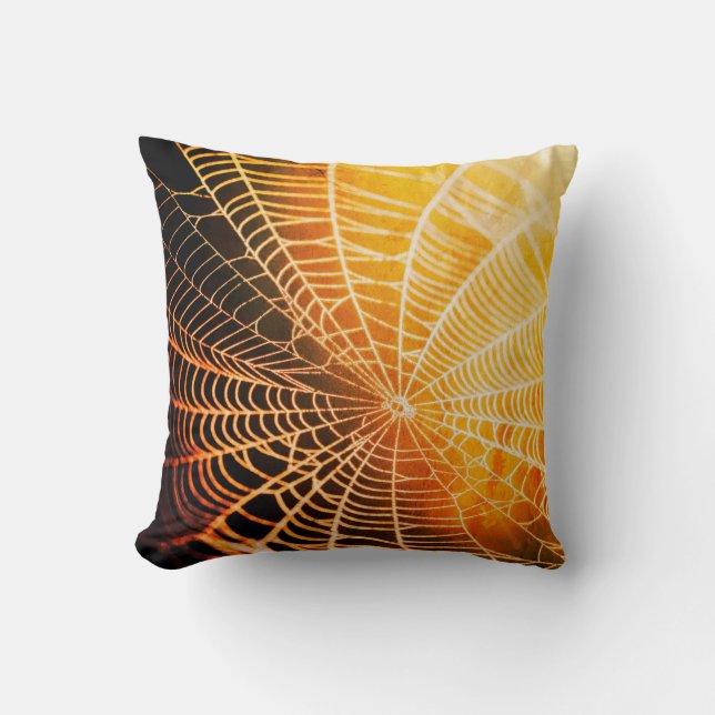 Orange Black Creepy Spooky Spider Web Throw Pillow (Front)