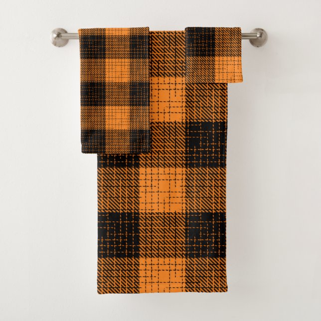  Orange Black Crosshatch Buffalo Check Bath Towel Set (Insitu)