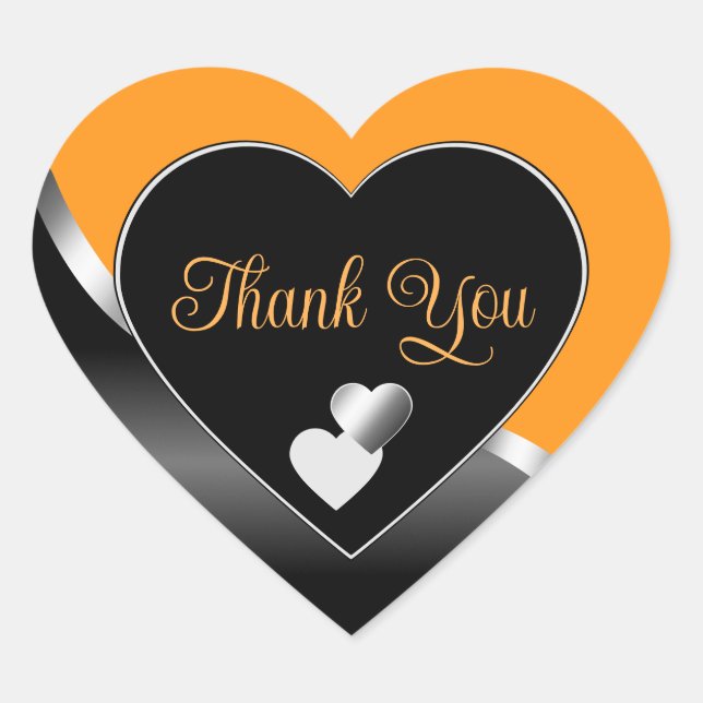Orange Black Cute Hearts and Wavy Silver Thank You Heart Sticker (Front)
