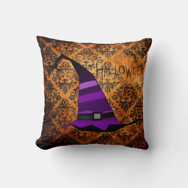 Orange & Black Damask Halloween Witches Hat Pillow (Front)