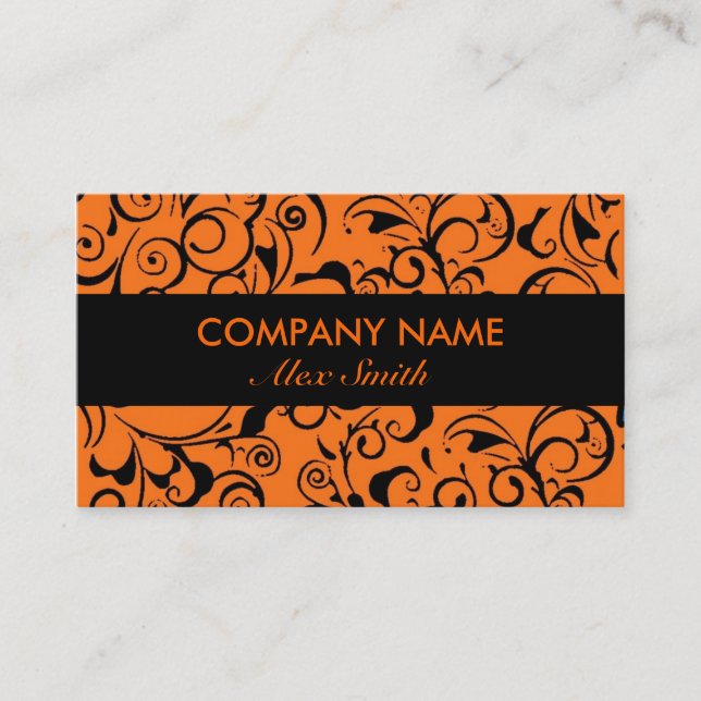 Orange black damask pattern custom business cards (Front)
