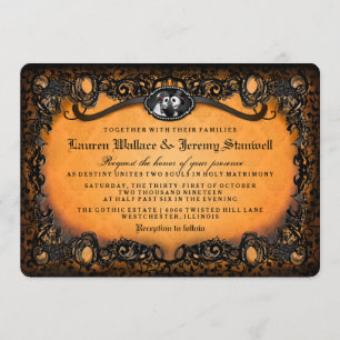 Orange Black Elegant Halloween Skeleton Wedding Invitation