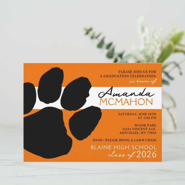 Orange & Black Elegant Pawprint (Photo Back) Invitation (Creator Uploaded)