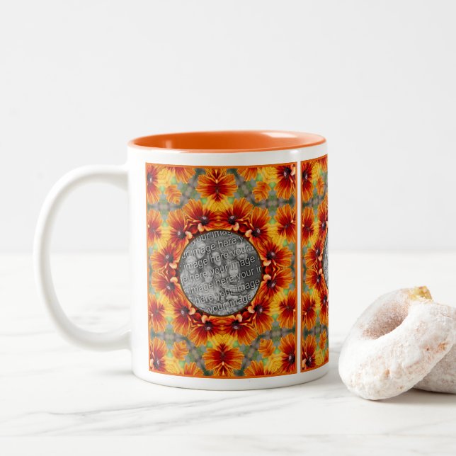 Orange Black Eyed Susan Daisy Add Your Photo     Two-Tone Coffee Mug (With Donut)
