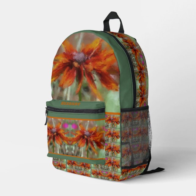 Orange Black Eyed Susan Flower Art Personalized Printed Backpack (Back Corner Right)