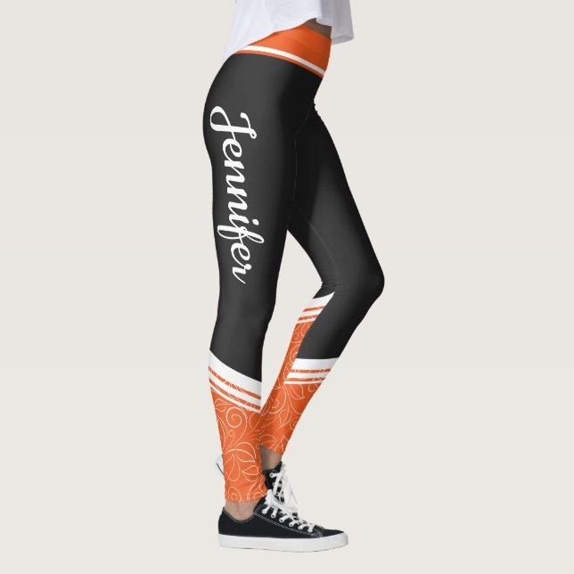 Orange & black floral white stripe and name modern leggings (Right)