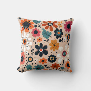Orange Black Flowers Pattern Beige Background Throw Pillow
