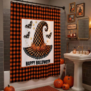 Orange & Black Gingham Halloween Witch Hat & Bats