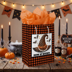 Orange & Black Gingham Halloween Witch Hat & Bats Medium Gift Bag