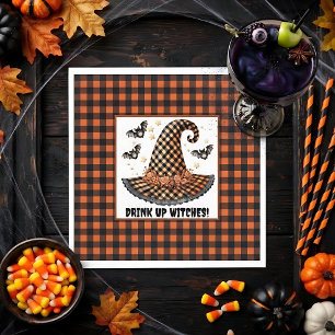 Orange & Black Gingham Halloween Witch Hat & Bats Napkin