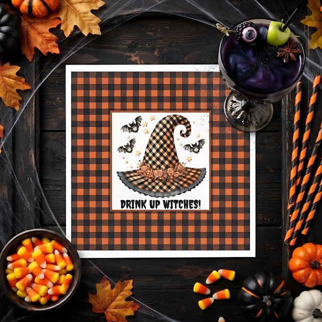 Orange & Black Gingham Halloween Witch Hat & Bats Napkin (Creator Uploaded)
