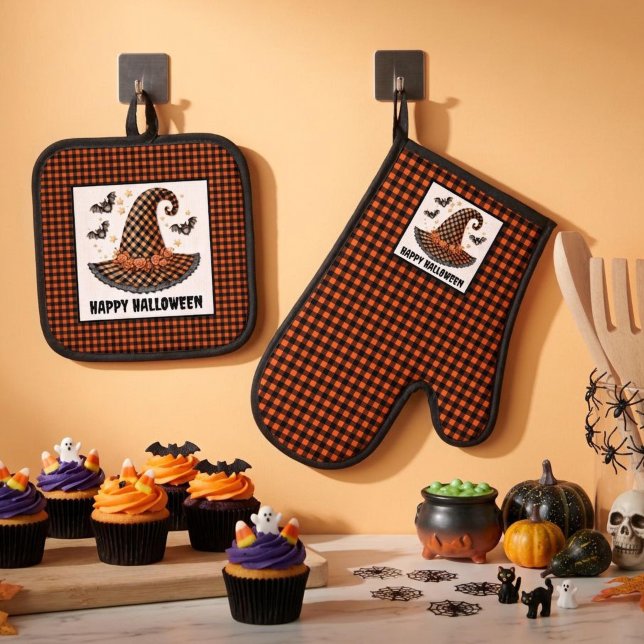 Orange & Black Gingham Halloween Witch Hat & Bats Oven Mitt & Pot Holder Set (Creator Uploaded)
