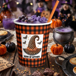 Orange & Black Gingham Halloween Witch Hat & Bats Paper Cups