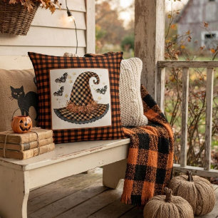 Orange & Black Gingham Halloween Witch Hat & Bats Throw Pillow