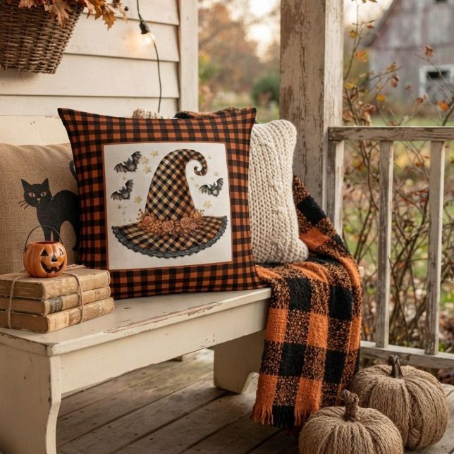 Orange & Black Gingham Halloween Witch Hat & Bats Throw Pillow (Creator Uploaded)