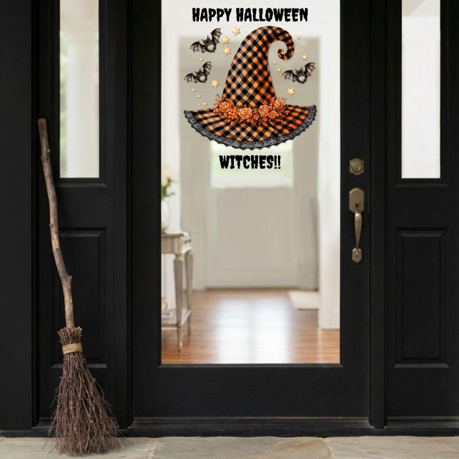 Orange & Black Gingham Halloween Witch Hat & Bats Window Cling (Creator Uploaded)