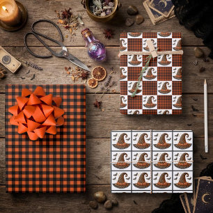 Orange & Black Gingham Halloween Witch Hat & Bats Wrapping Paper Sheet
