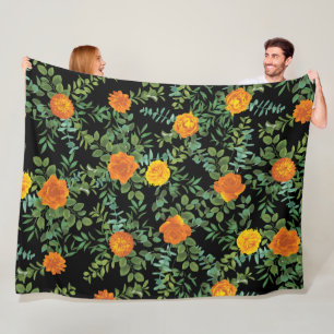 Orange & Black Gothic Peony & Rose Floral Wedding Fleece Blanket