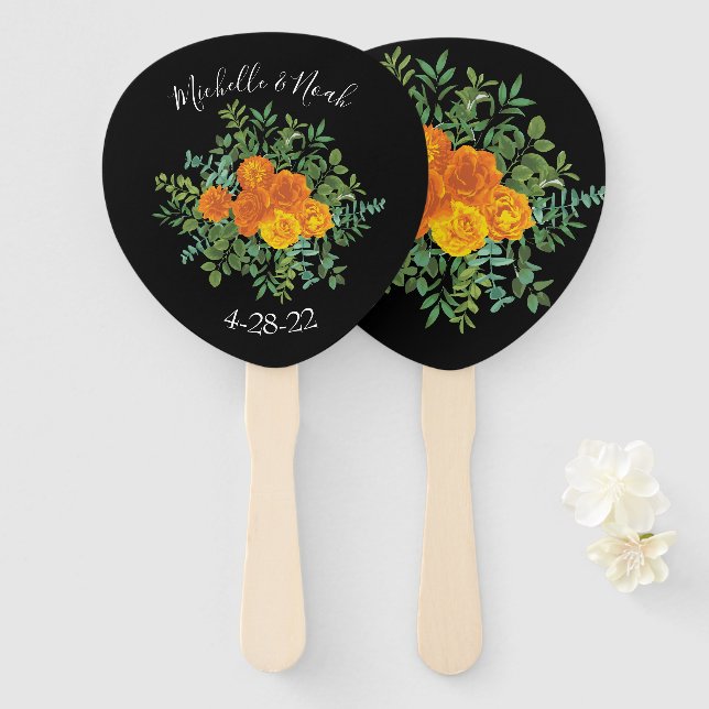 Orange & Black Gothic Peony & Rose Floral Wedding Hand Fan (Front and Back)