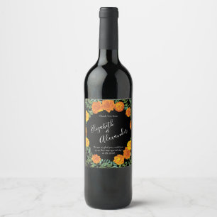 Orange & Black Gothic Peony & Rose Floral Wedding Wine Label
