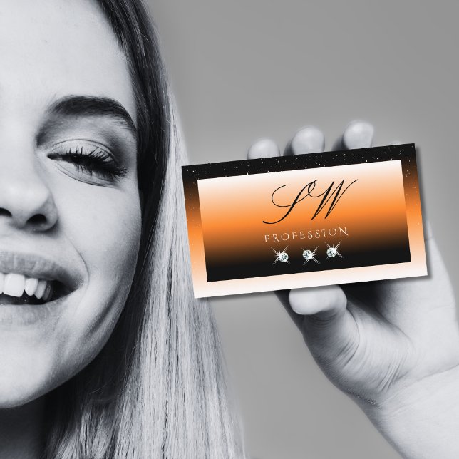 Orange Black Gradient Sparkling Diamonds Monogram  Business Card (Creator Uploaded)
