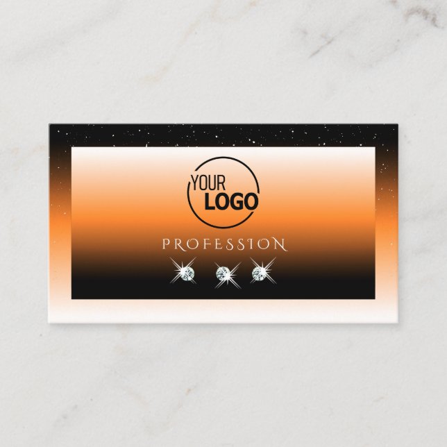 Orange Black Gradient Sparkling Diamonds with Logo Business Card (Front)