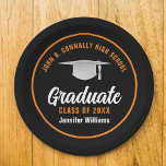 Orange Black Graduate Custom 2025 Graduation Party Paper Plate<br><div class="desc">This modern orange and black custom graduation party paper plate features classy typography of your high school or college name for the class of 2025. Customize with your graduating year under the chic handwritten script and grad cap for great personalized graduate decor.</div>