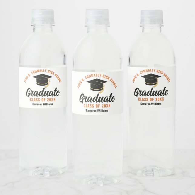 Orange Black Graduate Custom Graduation Party Water Bottle Label (Bottles)