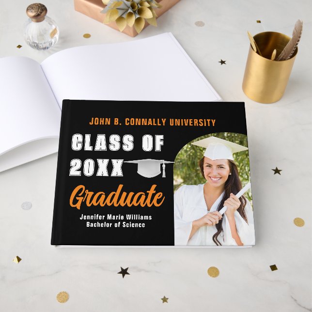 Orange Black Graduate Photo Custom Graduation Guest Book (Front Open)