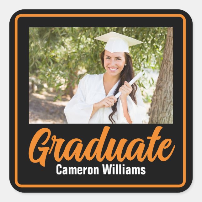 Orange Black Graduate Photo Graduation Party Square Sticker (Front)