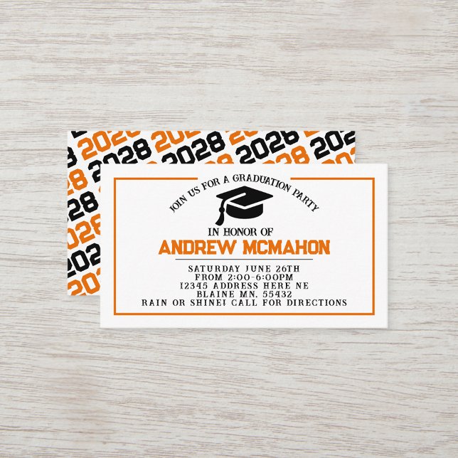 Orange Black Graduation Invite Announcement Insert (Orange & Black Mini Graduation Invitations for friends, classmates, teammates or announcement insert)