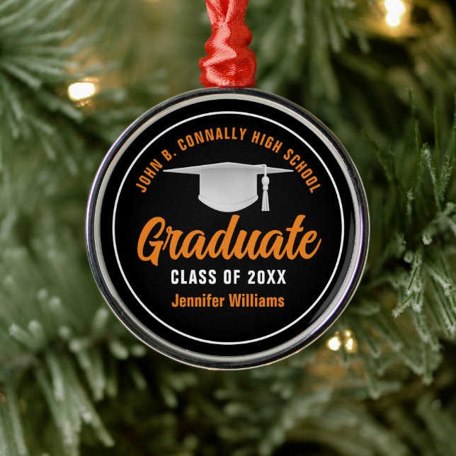 Orange Black Graduation Personalized Christmas Metal Ornament (Tree)