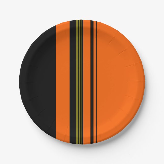Orange Black Green Striped Pattern Paper Plate (Front)