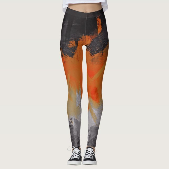 Orange Black Grey Abstract Painting Leggings (Front)