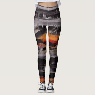 Orange Black Grey Abstract Painting Leggings