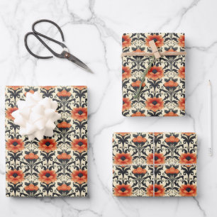 Orange / Black / Grey Floral Art Nouveau Wrapping Paper Sheet