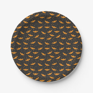 Orange black Halloween bat pattern Paper Plate