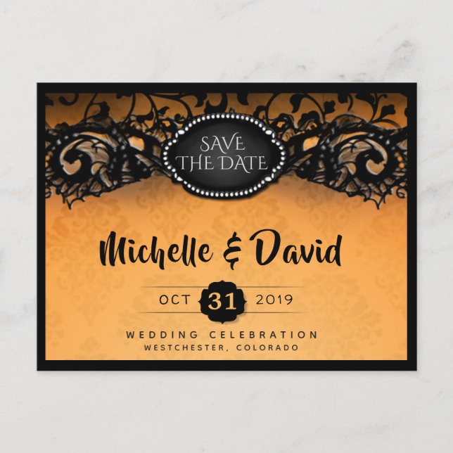 Orange & Black Halloween Elegant Save the Date Announcement Postcard (Front)