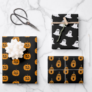 Orange Black Halloween Ghost and Jack o Lantern Wrapping Paper Sheet