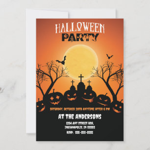 Orange Black Halloween Party Pumpkin Graveyard Invitation