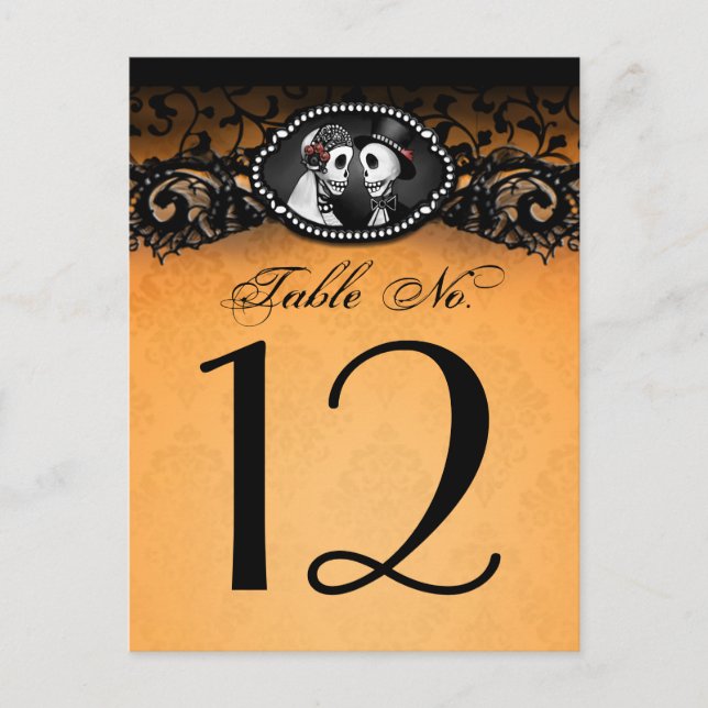 Orange & Black Halloween Skeletons Table Number Postcard (Front)