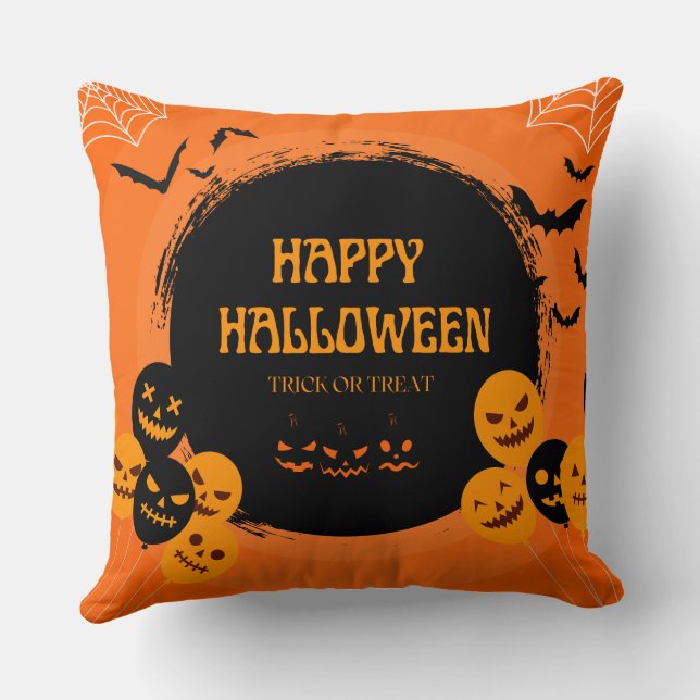 Orange Black Happy Halloween Throw Pillow (Back)