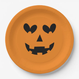 Orange & Black Happy Heart Pumpkin Halloween  Paper Plate