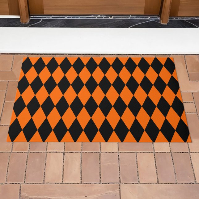 Orange Black Harlequin Diamonds Checkers Design  Doormat (Creator Uploaded)