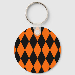 Orange Black Harlequin Diamonds Checkers Design Keychain