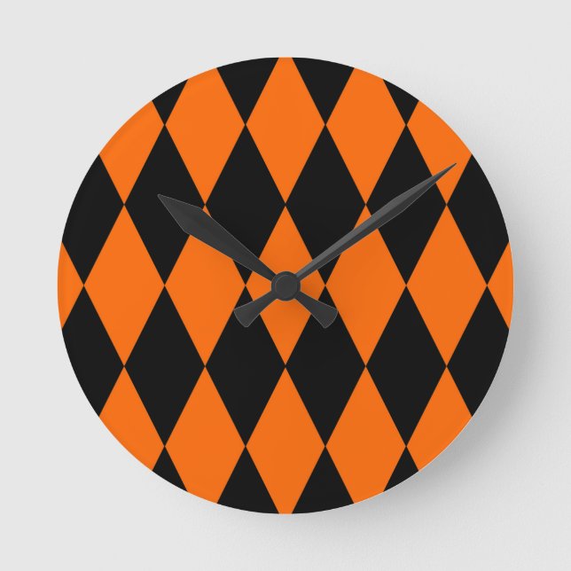 Orange Black Harlequin Diamonds Checkers Design  Round Clock (Front)