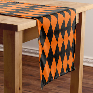 Orange Black Harlequin Diamonds Checkers Design Short Table Runner